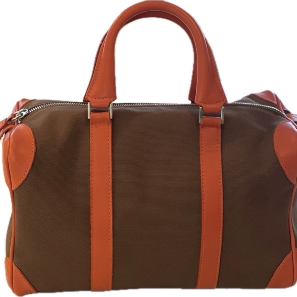 Barneys New York Brown and Orange Canvas bag with Leather trim
